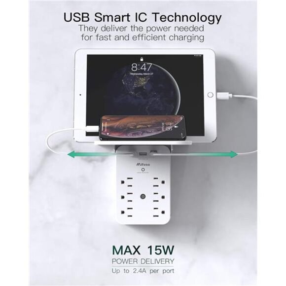 Wall Outlet Extender with Surge Protector 6 AC Outlets, Shelf USB Charging Ports - Picture 4 of 8